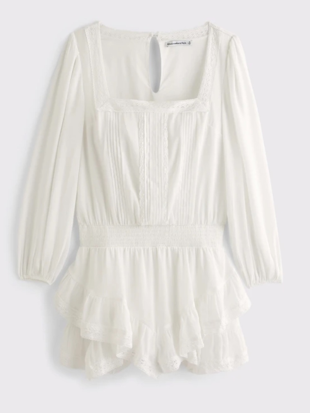 Abercrombie & Fitch White Lace-Trim Long Sleeve Chemise Romper